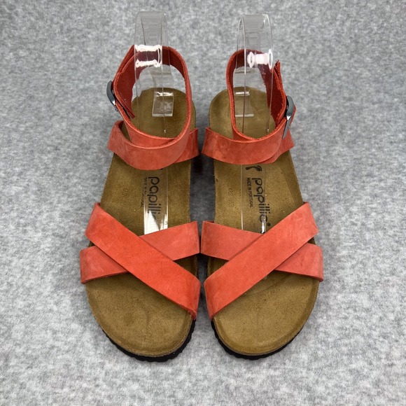 Birkenstock Papillio Orange Lola Nubuck Leather Ankle Strap Wedge Sandal Size 39 - Picture 5 of 9